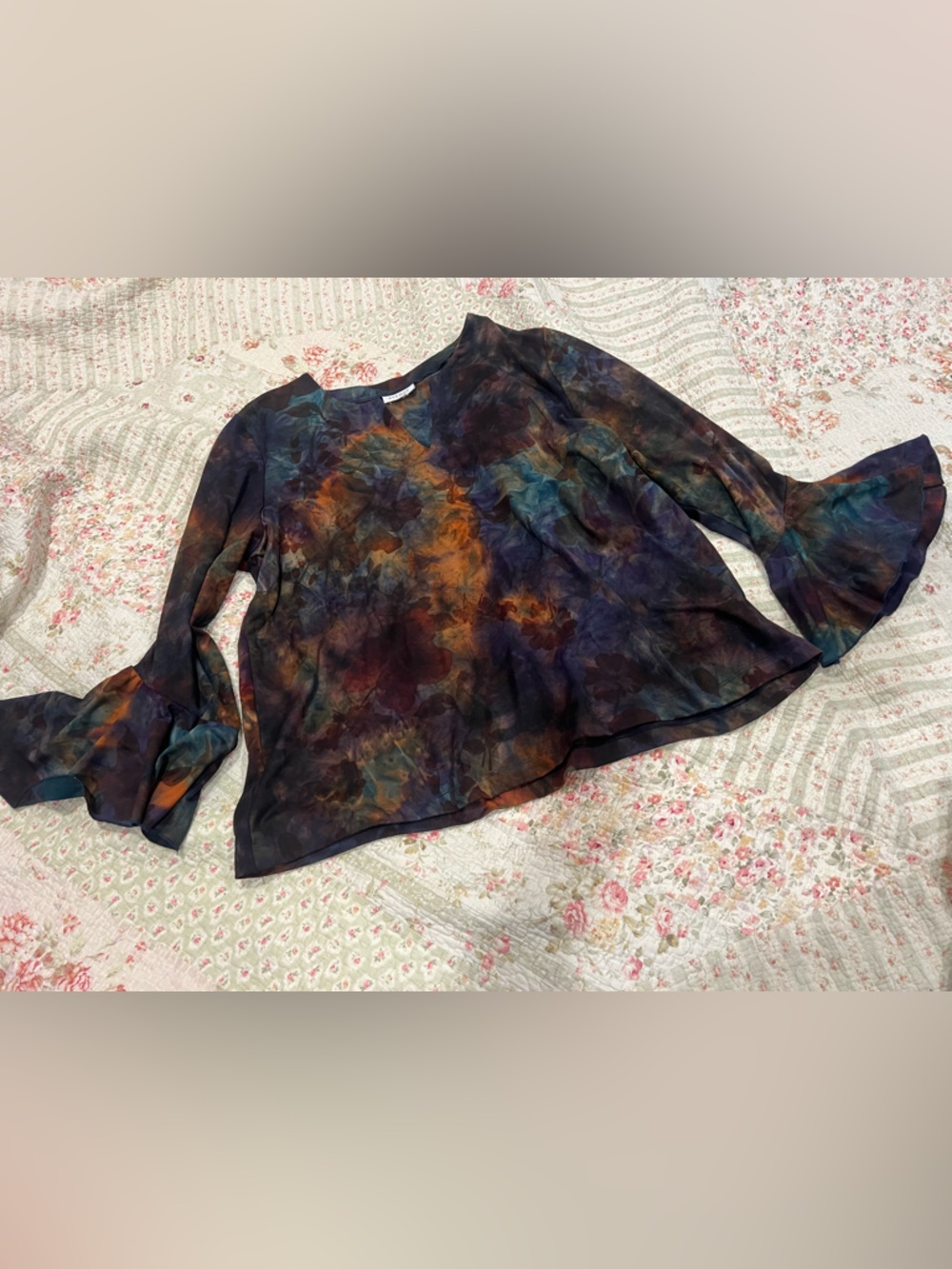 Avenue Multi-Color Sheer Watercolor Blouse with Flared Sleeves